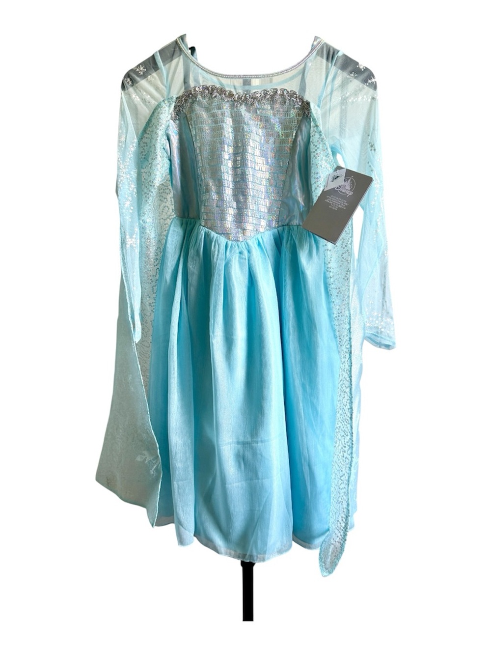 Disney Store Dress Frozen Elsa Costume Sz 7-8 Blue Strapless Long Sleeve Cape